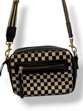 Black White Checkerboard Woven Crossbody Camera Bag Adjustable Strap Y2K Skater